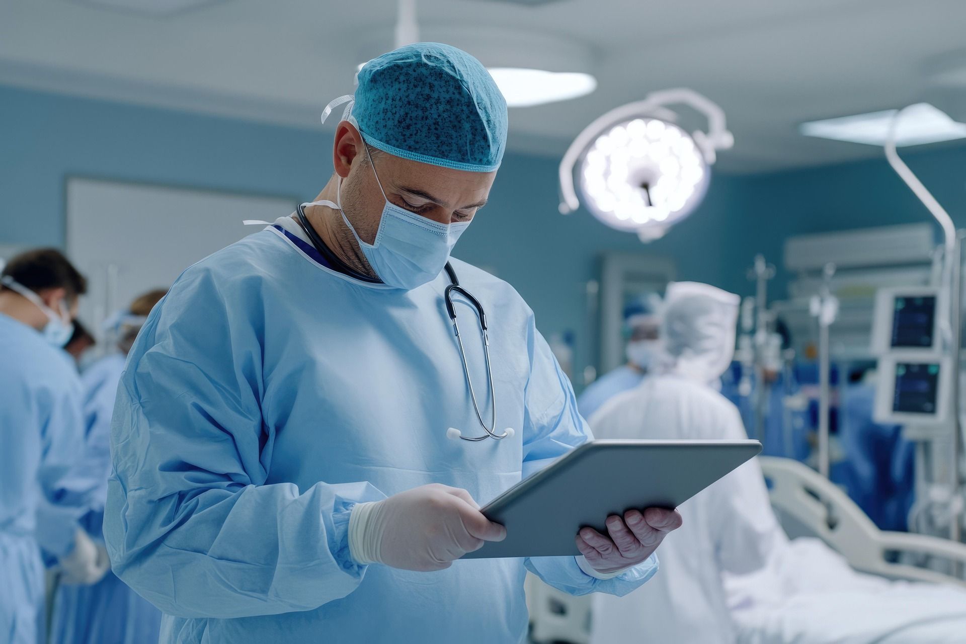 Chirurgien en tenue de bloc consultant une tablette en salle d'opération